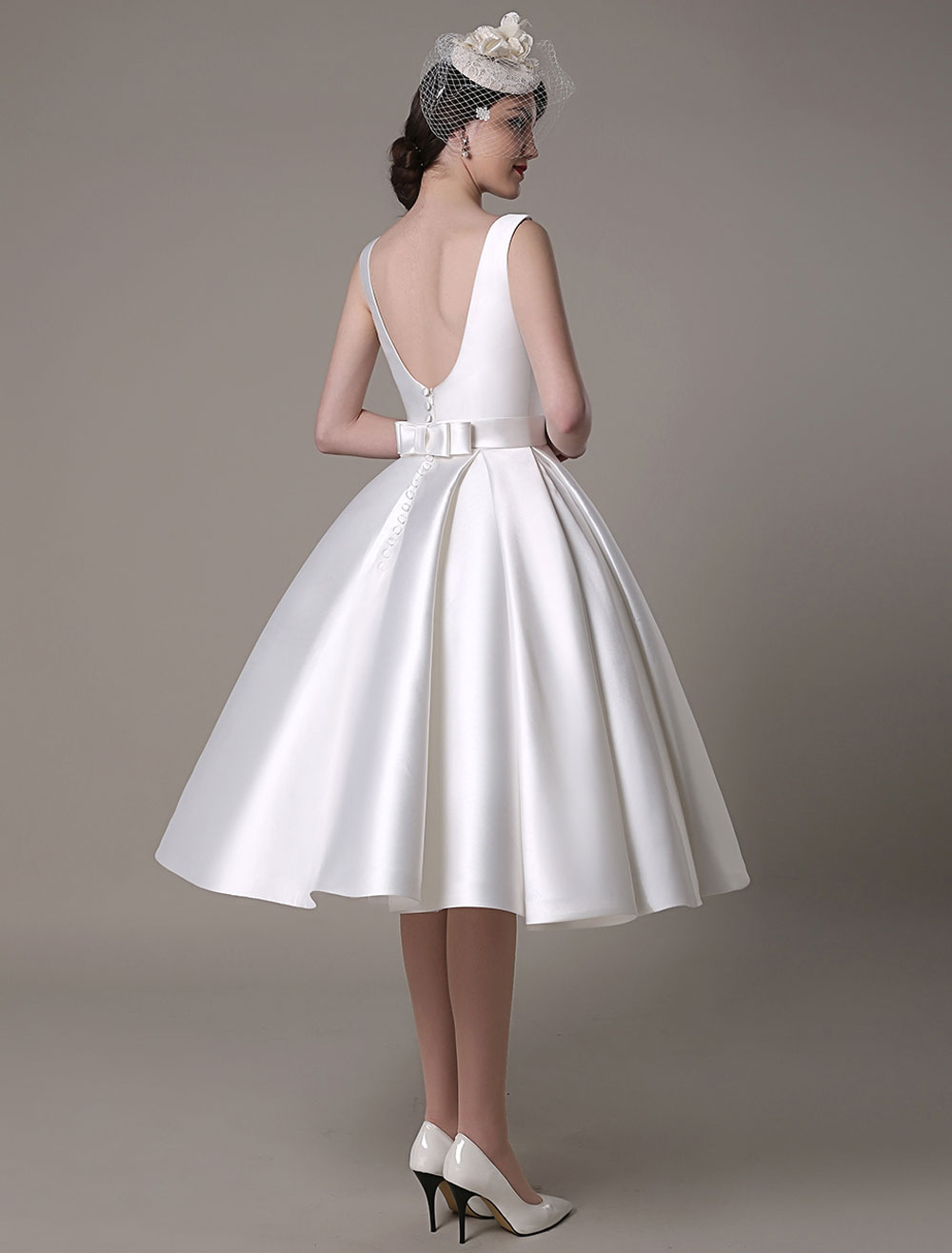 Ivory Wedding Dress Scoop Backless Knee Length Satin Wedding Gown Exclusive-newarrivaldress