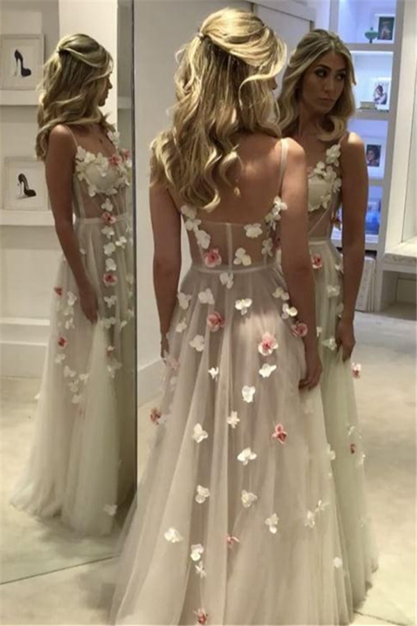 Open Back Flowers Long Prom Dresses | Spaghetti Straps Sexy Formal Evening Gowns-newarrivaldress