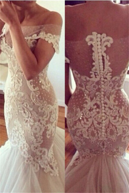 Wedding Dresses Real Sample strapless Tulle Lace Appliques Mermaid Wedding Dresses-newarrivaldress