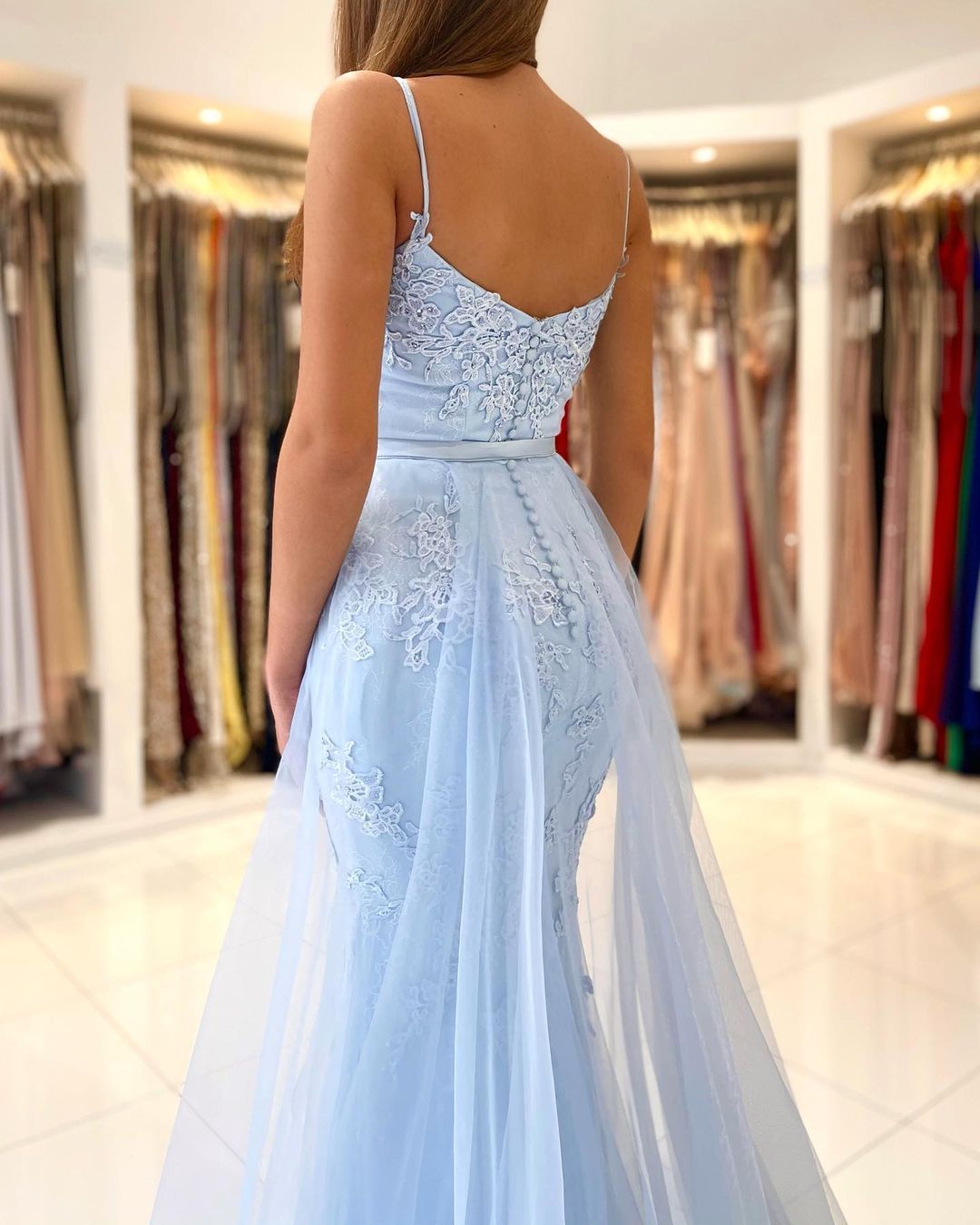 Sky Blue Spaghetti Straps Lace Mermaid Evening Dress with Tulle Detachable Train-newarrivaldress