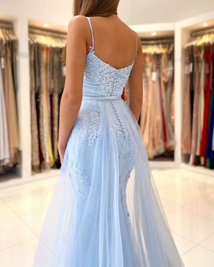 Sky Blue Spaghetti Straps Lace Mermaid Evening Dress with Tulle Detachable Train-newarrivaldress