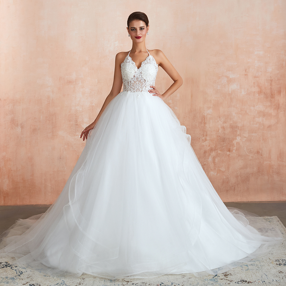 Amazing Halter Floral Lace Aline Wedding Dress Backless Tulle Bridal Gown-newarrivaldress