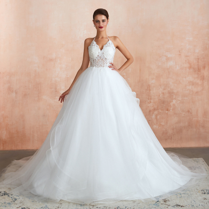 Amazing Halter Floral Lace Aline Wedding Dress Backless Tulle Bridal Gown-newarrivaldress