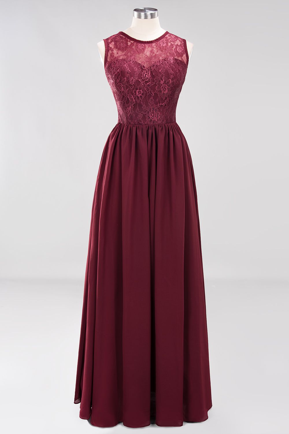A-line Chiffon Lace Jewel Sleeveless Ruffles Floor-Length Bridesmaid Dresses with Appliques-newarrivaldress