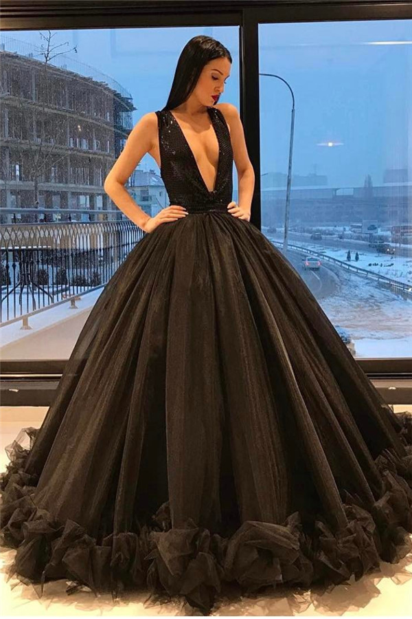 Puffy Sequins Deep-V-Neck Sexy Tulle Ruffles Sparkling Sleeveless Black Evening Gown-newarrivaldress