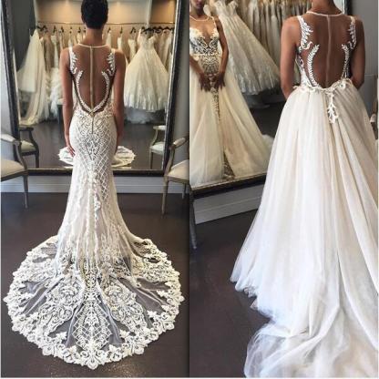 Lace Illusion Detachable Train Delicate Custom Made Sleeveless Wedding Dresses Online-newarrivaldress