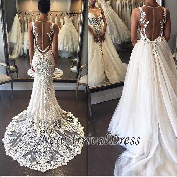 Lace Illusion Detachable Train Delicate Custom Made Sleeveless Wedding Dresses Online-newarrivaldress