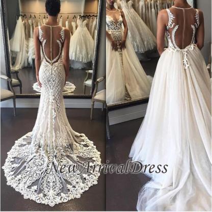 Lace Illusion Detachable Train Delicate Custom Made Sleeveless Wedding Dresses Online-newarrivaldress