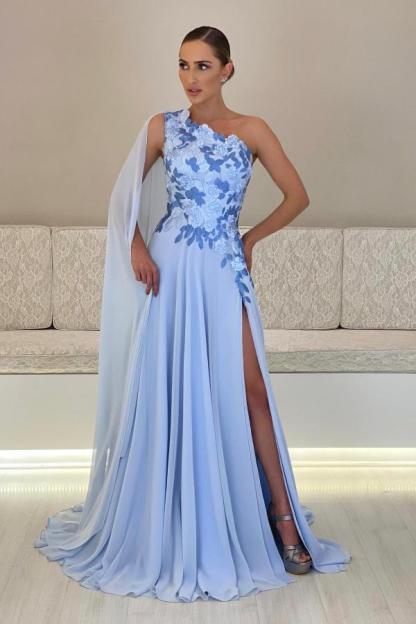 One Shoulder Blue Flower Appliques Evening Dress Floor Length Chiffon Mother of the Bride Dress-newarrivaldress