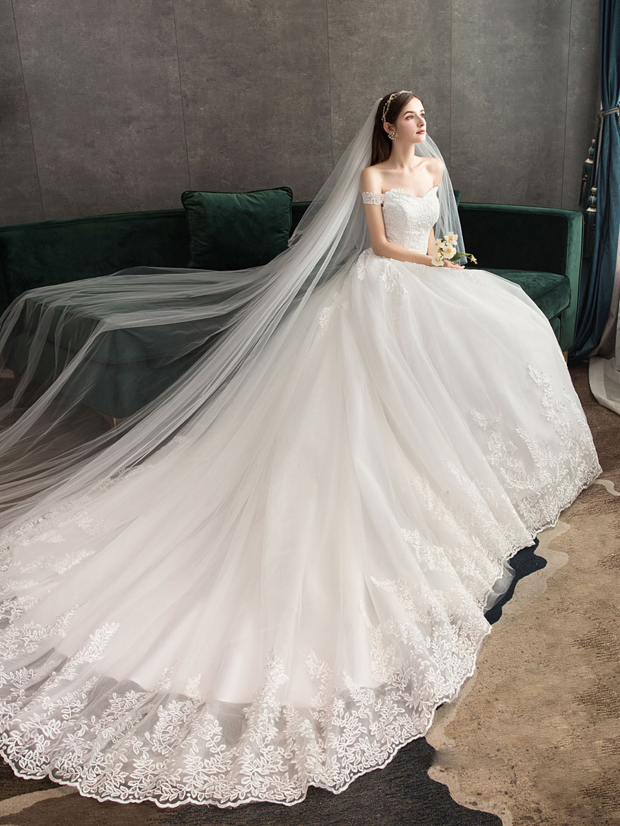 Lace Wedding Dresses Ivory Lace Applique Off The Shoulder Short Sleeve Princess Bridal Gown With Train-newarrivaldress