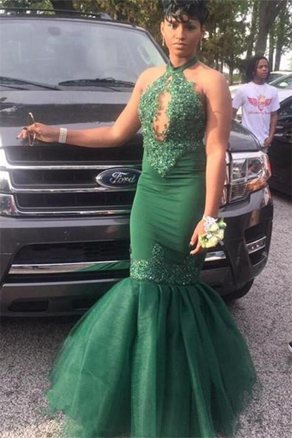 Dark Green Halter Appliques Mermaid Evening Gowns | Elegant Keyhole Sleeveless Tulle Prom Dresses-newarrivaldress