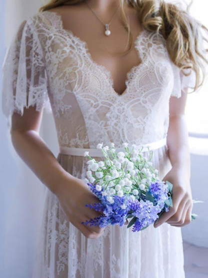 Simple Wedding Dress 2021 V Neck A Line Short Sleeve Deep V Backless Lace Bridal Gowns-newarrivaldress