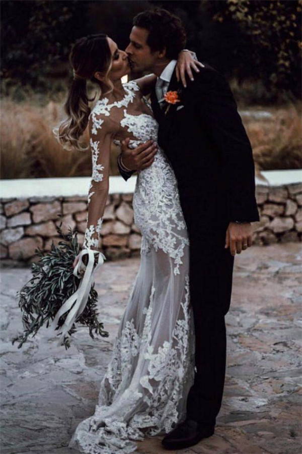 See Through Lace Beach Wedding Dresses Simple | Close-fitting Long Sleeve Outdoor Bridal Gowns-newarrivaldress