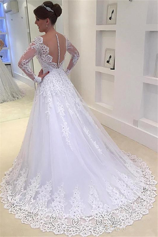 A-Line Tulle Elegant Lace Appliques Custom Made V-Neck Beadings Long Sleeve Wedding Dress-newarrivaldress