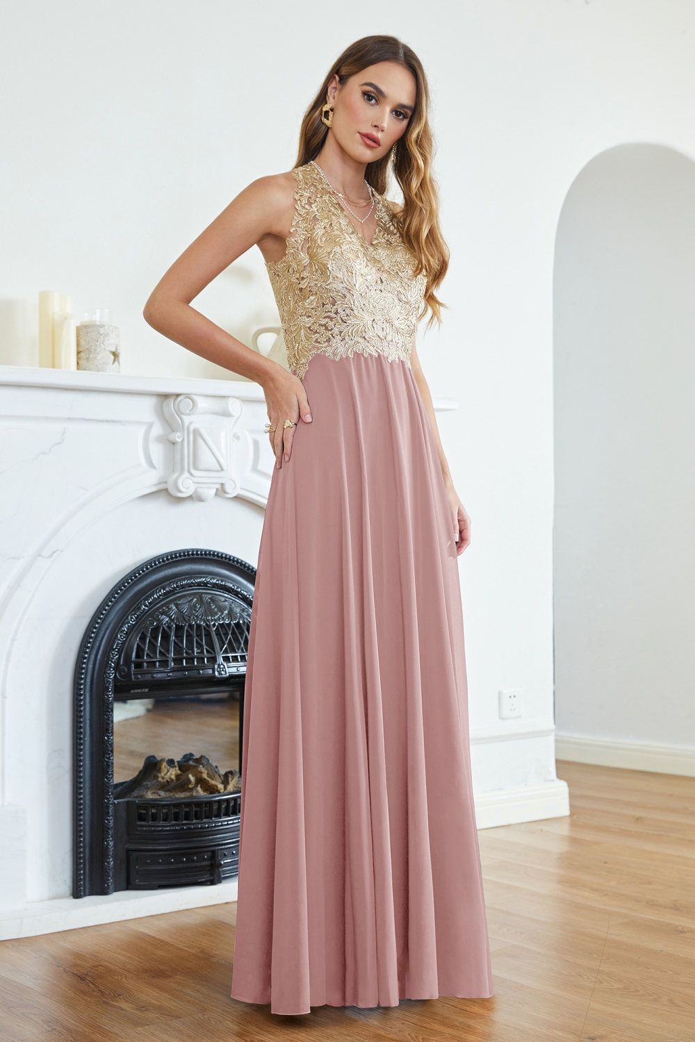 Chiffon Long Evening Dress Sleeveless Gold Appliques Floor Length Bridesmaid Dress V-neck-newarrivaldress