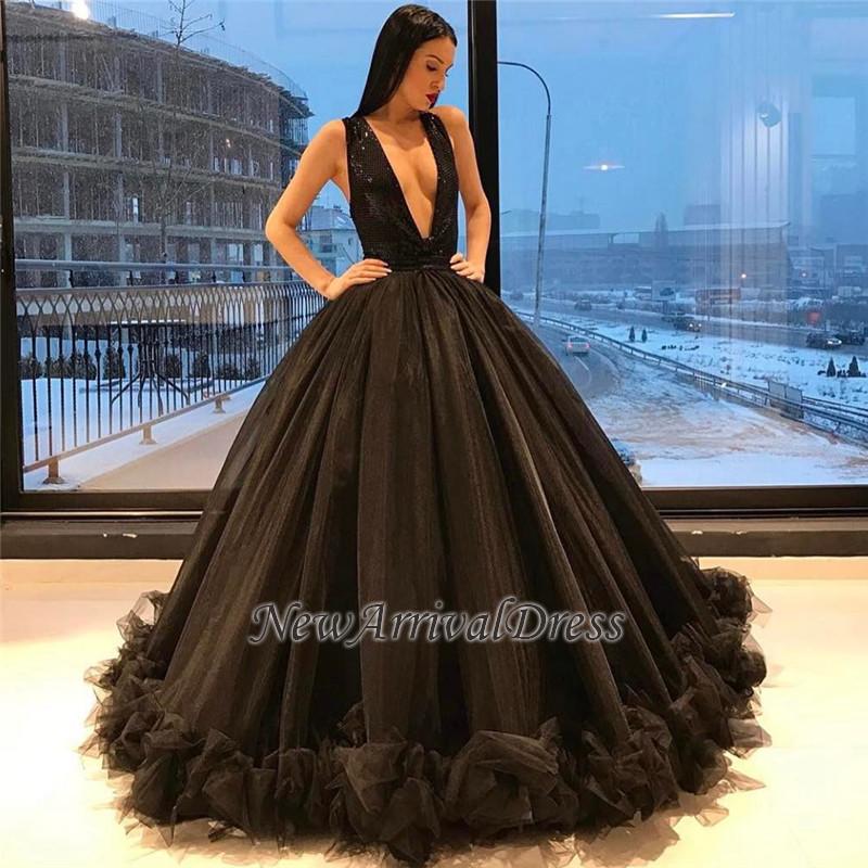Puffy Sequins Deep-V-Neck Sexy Tulle Ruffles Sparkling Sleeveless Black Evening Gown-newarrivaldress