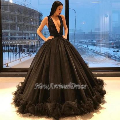 Puffy Sequins Deep-V-Neck Sexy Tulle Ruffles Sparkling Sleeveless Black Evening Gown-newarrivaldress