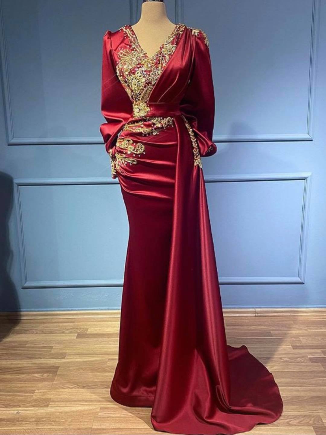 Stylish Long Mermaid V-neck Satin Beads Floor length Prom Dress with Sleeves Gold Appliques-newarrivaldress