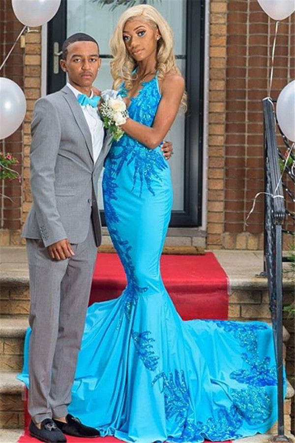 2021 Elegant Appliques Mermaid Prom Dresses | Sexy Blue Halter Sleeveless Evening Gowns-newarrivaldress