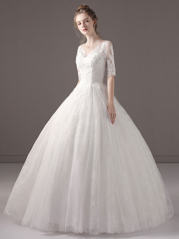 Wedding Dresses Princess Ball Gown Ivory Half Sleeve V Neck Lace Beaded Floor Length Bridal Dress-newarrivaldress