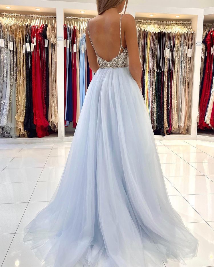 Elegant Spaghetti Straps Tulle Evening Maxi Dress V-Neck Sleeevless Formal Dress-newarrivaldress