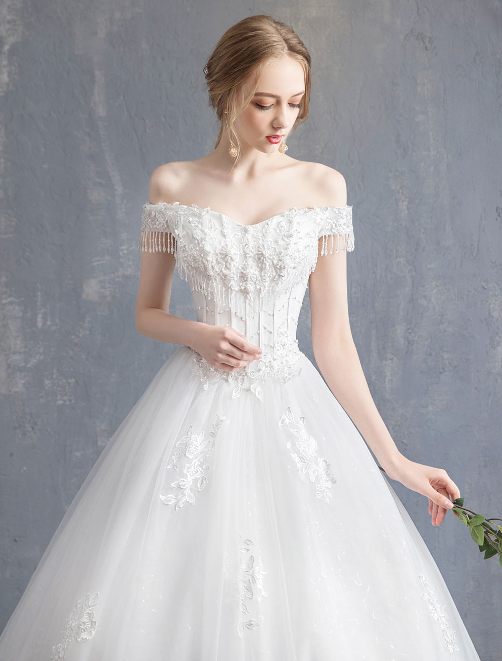 Princess Wedding Dresses Ball Gown Lace Beaded Chains Off The Shoulder Bridal Dress-newarrivaldress