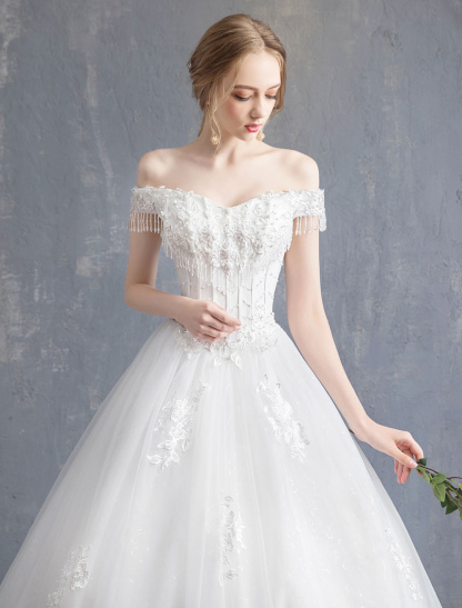 Princess Wedding Dresses Ball Gown Lace Beaded Chains Off The Shoulder Bridal Dress-newarrivaldress
