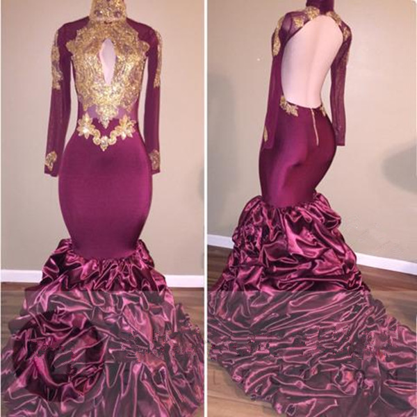 Sexy Open Back Burgundy Mermaid Prom Dresses | Gold Appliques Ruffles Evening Gowns-newarrivaldress