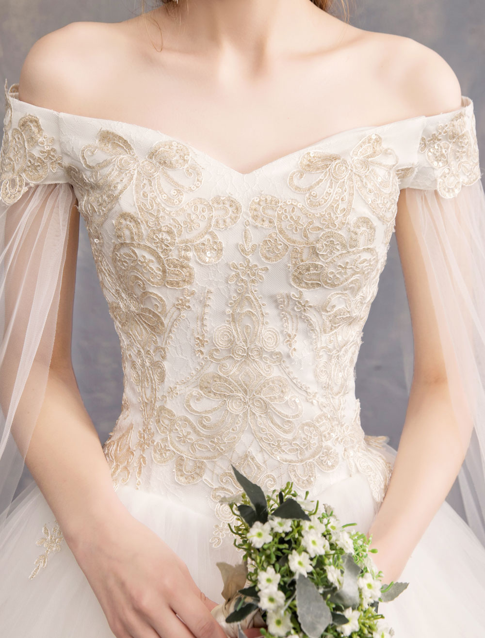 Wedding Dresses Tulle Off-The-Shoulder Short Sleeve Lace Applique Princess Bridal Gown