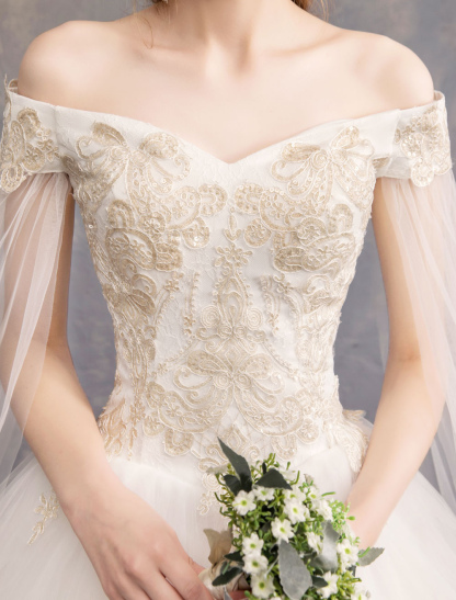 Wedding Dresses Tulle Off-The-Shoulder Short Sleeve Lace Applique Princess Bridal Gown