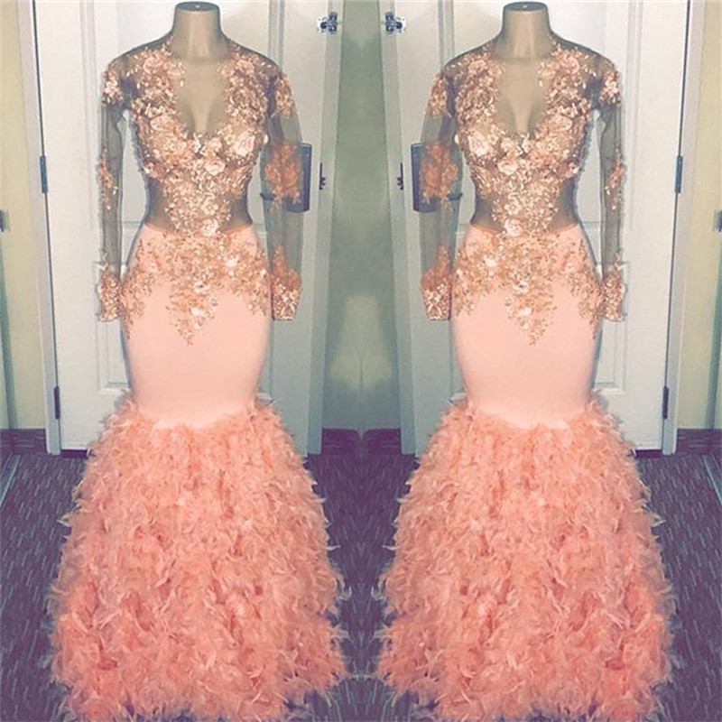 Coral Pink Mermaid Long Sleeve Long Prom Dresses | Sheer Tulle Appliques Ruffles Formal Dresses-newarrivaldress