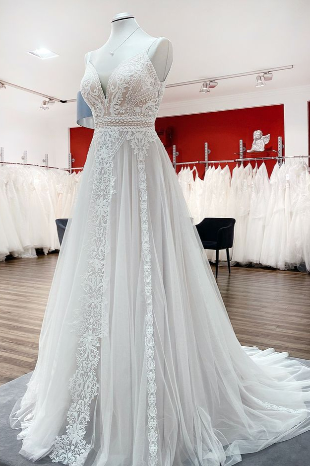 Deep V-Neck Wedding Dress White Tulle Floral Lace Floor-Length Dress for Bride-newarrivaldress