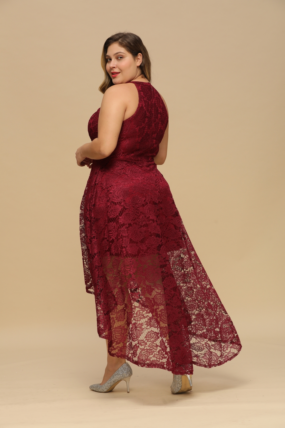 Halter Sleeveless Sheath Asymmetrical Burgundy Lace Dresses-newarrivaldress