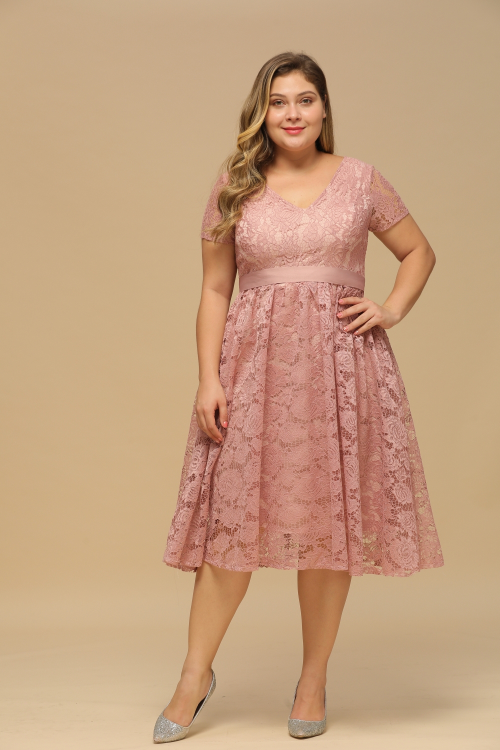 Burgundy Short Sleeves Flower Lace V-neck Dresses with Sash-newarrivaldress