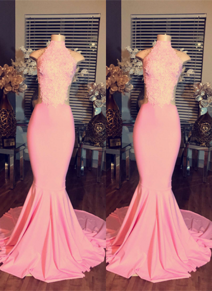 High Neck Lace Mermaid Sleeveless Pink Long Prom Dresses BA4981-newarrivaldress