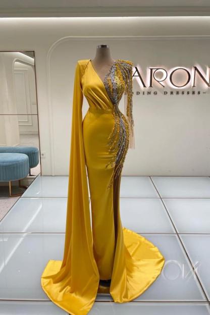Charming Yellow Long Prom Dress Ruched Satin Beadings Mermaid Evening Dress with Sleeves-newarrivaldress