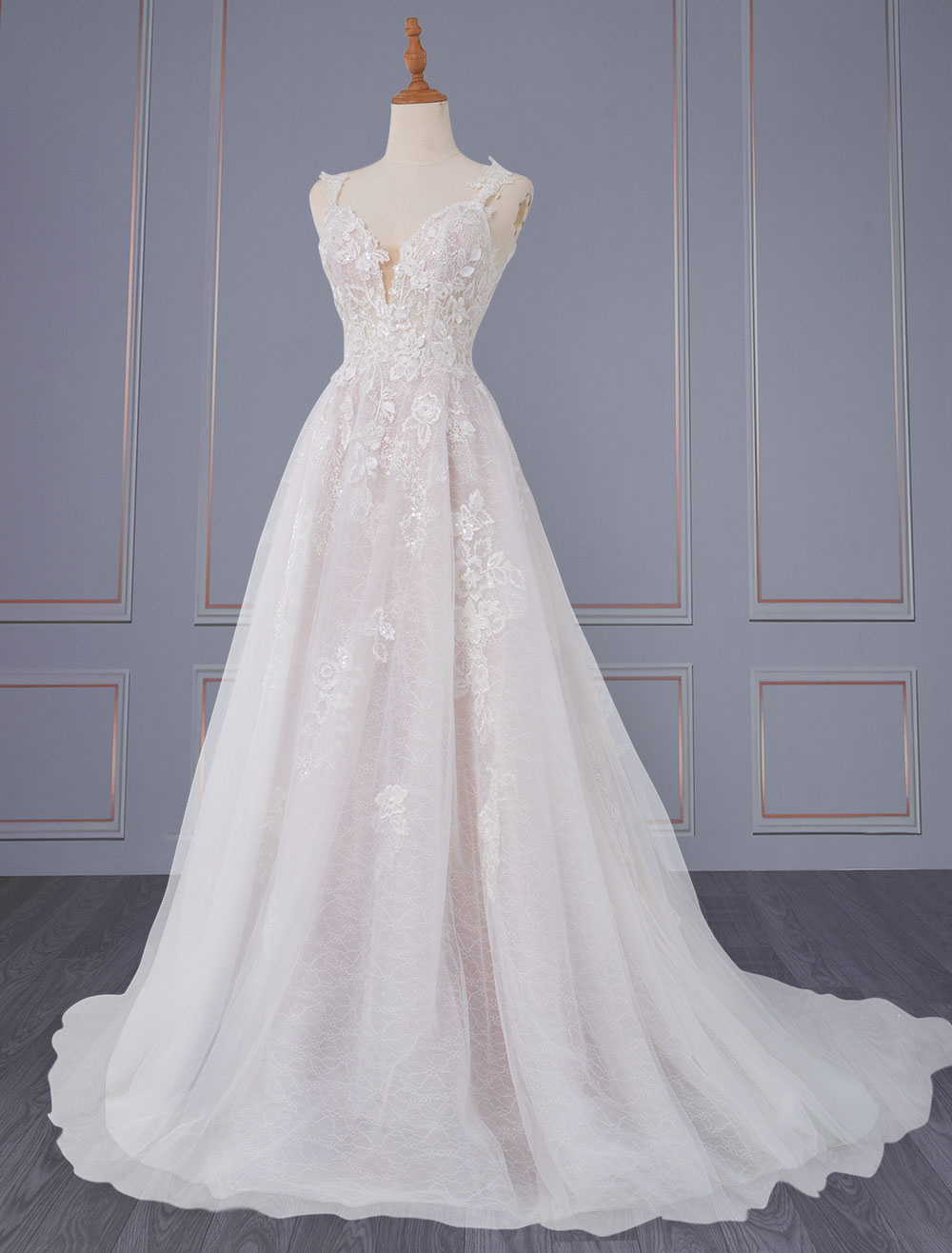 Light Pink Simple Wedding Dress A Line V-Neck Sleeveless Backless Long Lace Bridal Gowns-newarrivaldress