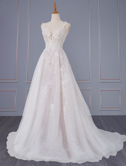 Light Pink Simple Wedding Dress A Line V-Neck Sleeveless Backless Long Lace Bridal Gowns-newarrivaldress