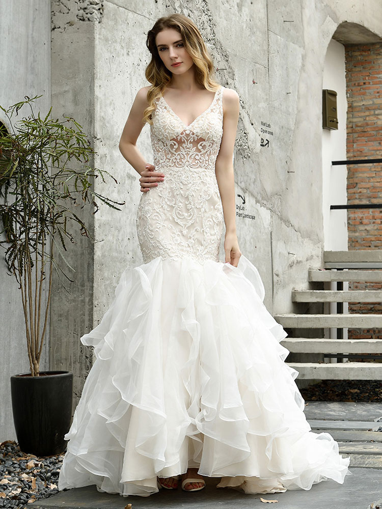 Wedding Bridal Gowns Mermaid Sleeveless V Neck Lace Bridal Gowns With Train-newarrivaldress