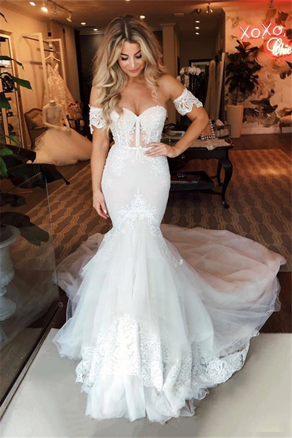 Off-the-shoulder Puffy Tulle Wedding Dresses | Appliques Mermaid Sweep Train Bridal Gowns-newarrivaldress