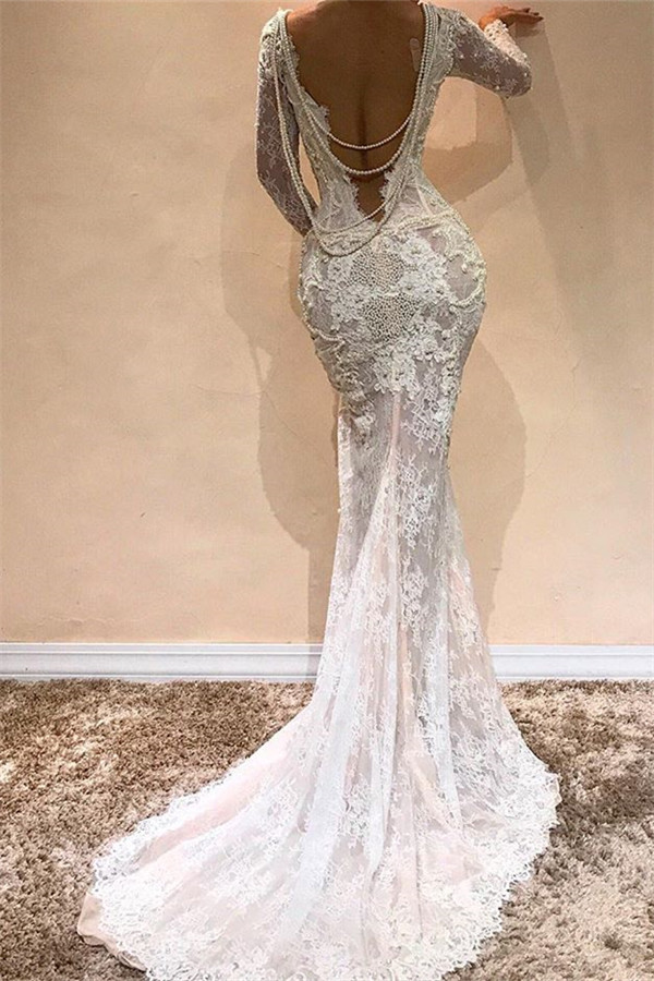 Lace Mermaid Long Sleeve Prom Dresses | Sexy Open Back Long Evening Dresses with Pearl Chains