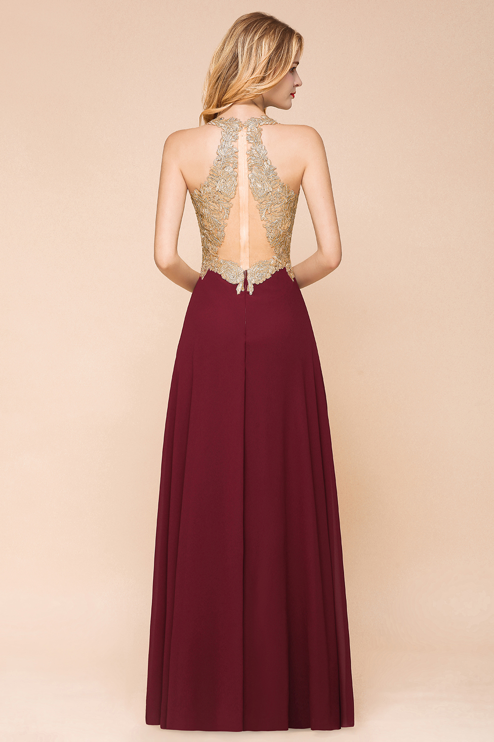 Elegant Aline Chiffon Long Evening Dress Sleeveless Gold Appliques Wedding Party Dress-newarrivaldress
