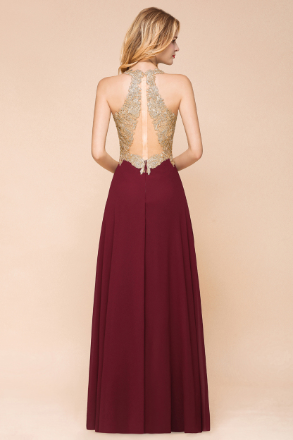 Elegant Aline Chiffon Long Evening Dress Sleeveless Gold Appliques Wedding Party Dress-newarrivaldress