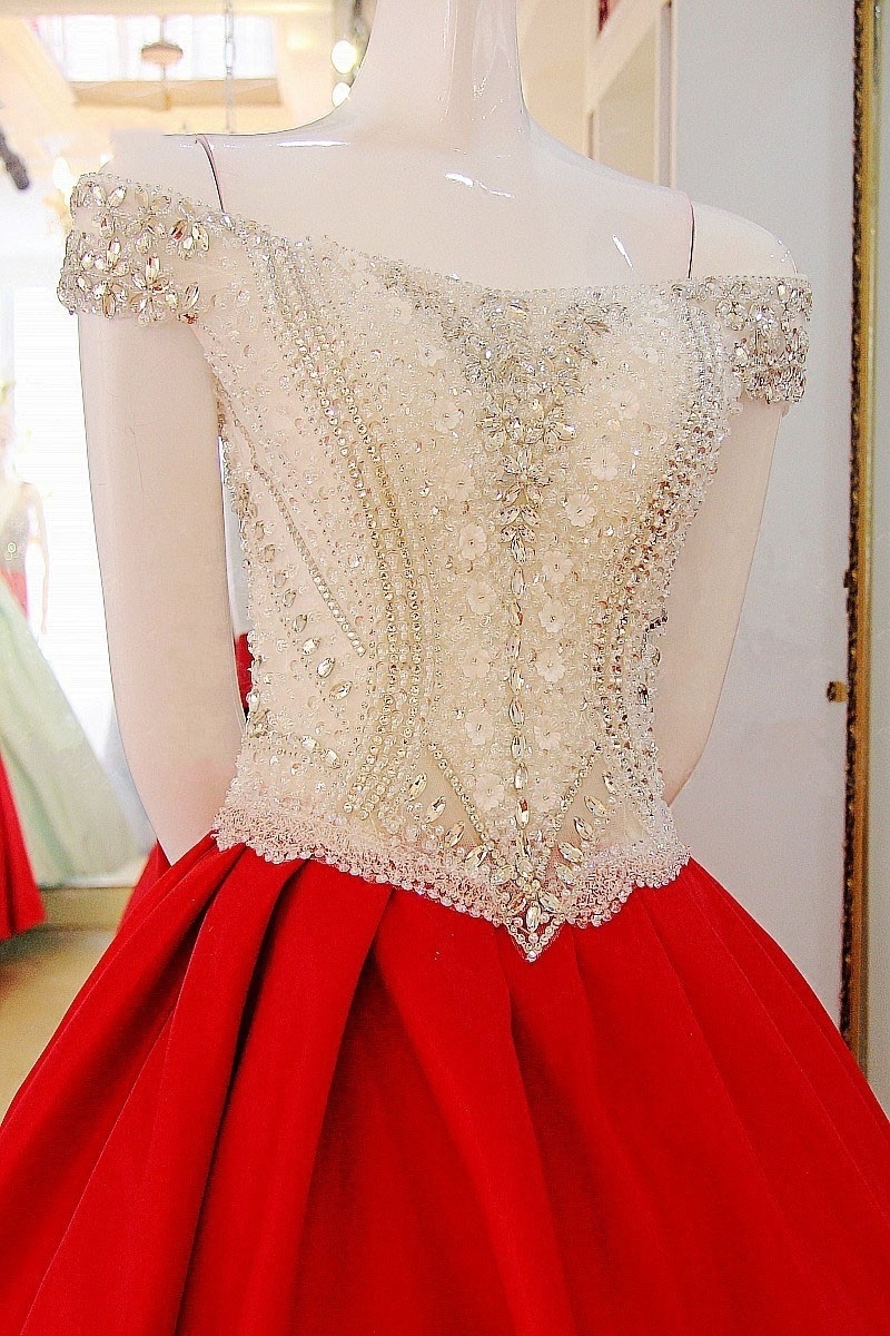Popular Lace-up Appliques V-Neck Off-the-shoulder Ball Gown Evening Dress-newarrivaldress