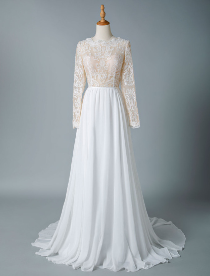 Boho Wedding Dresses 2021 Jewel Neck Long Sleeve A Line Floor Length Chffion Bridal Dress For Beach Wedding-newarrivaldress