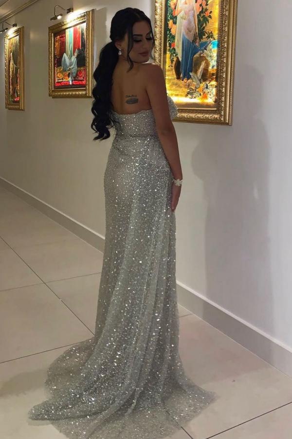 Off Shoulder Sequins Long Evening Party Dress Side Split with Sweep Train-newarrivaldress
