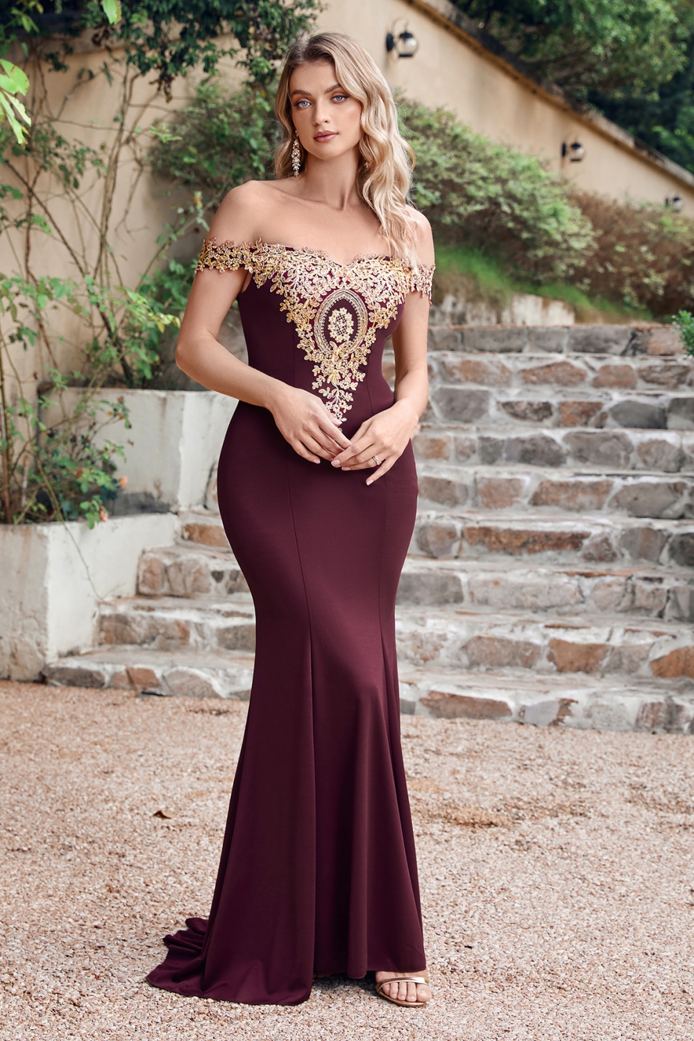 Off-the-shoulder Burgundy Evening Dress with Gold Lace Appliques Floor Length Formal Dress-newarrivaldress