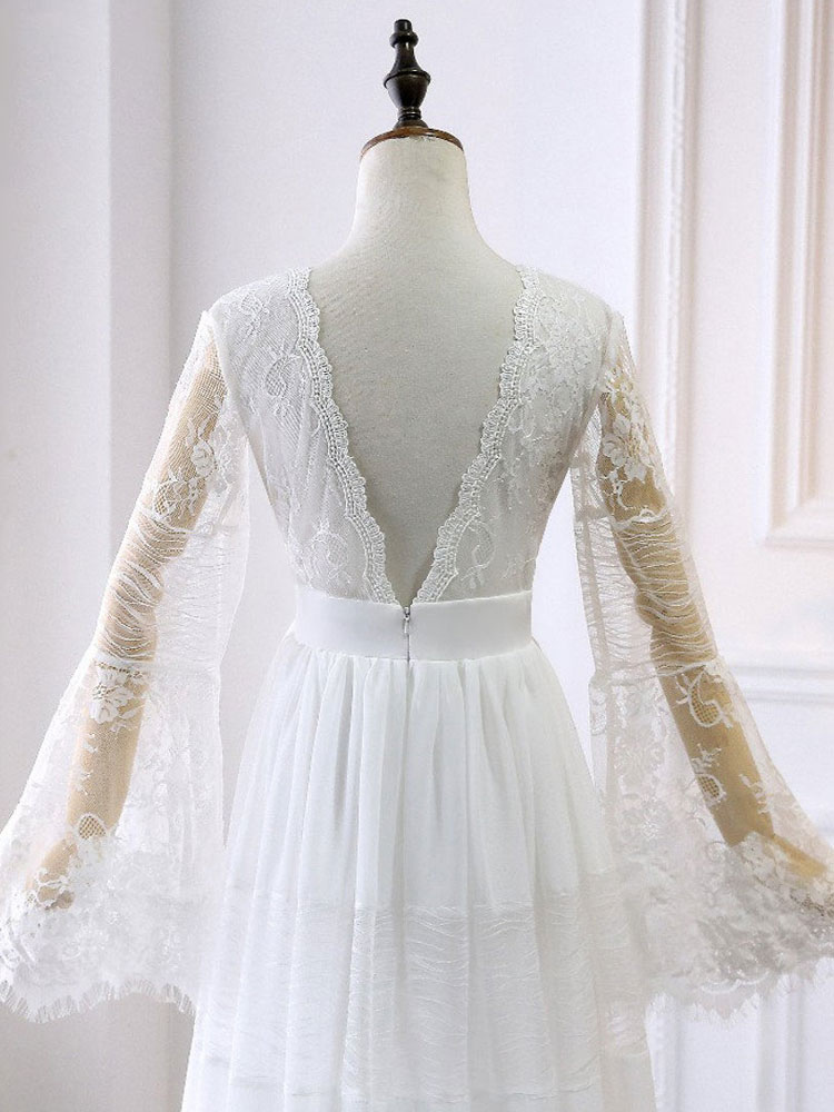 Boho Wedding Dresses 2021 A Line Deep V Neck Multilayer Lace Chiffon Beach Party Dress Bridal Gowns-newarrivaldress