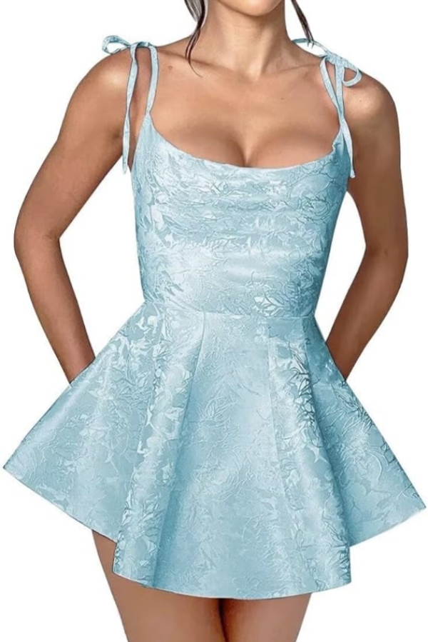 Chic Spaghetti Straps Ruffle Short Homecoming Dress Sleeveless Jacquard Satin Mini Party Dress-newarrivaldress