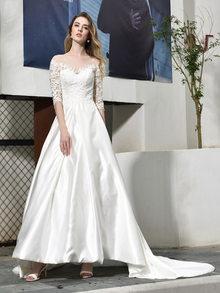 Simple Wedding Dress Jewel Neck Half Sleeves A Line Beaded Bridal Dresses With Train-newarrivaldress